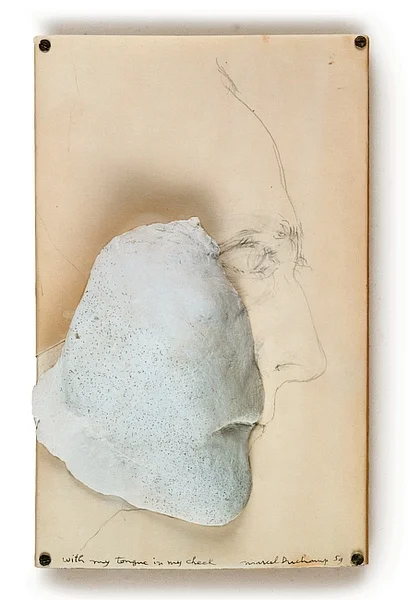 MARCEL DUCHAMP - WITH MY TONGUE IN MY CHEEK, 1959.