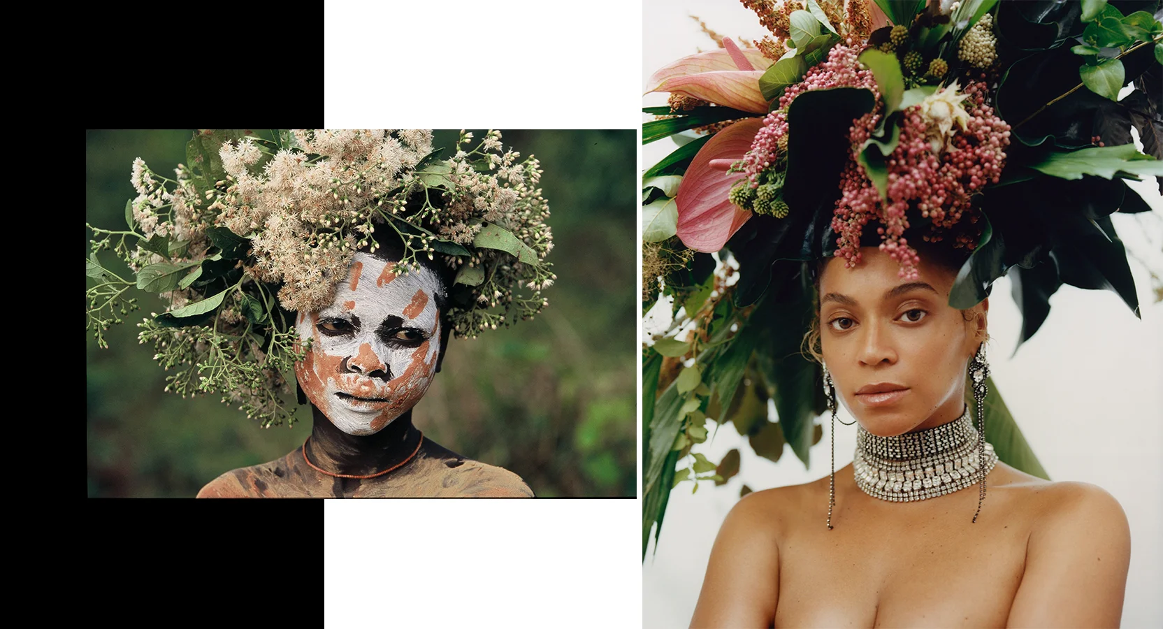 Left: ‘Natural Fashion n.173’, 2006-2007 by ©HANS SILVESTER — Right: Beyoncé photographed by TYLER MITCHELL, VOGUE, September 2018