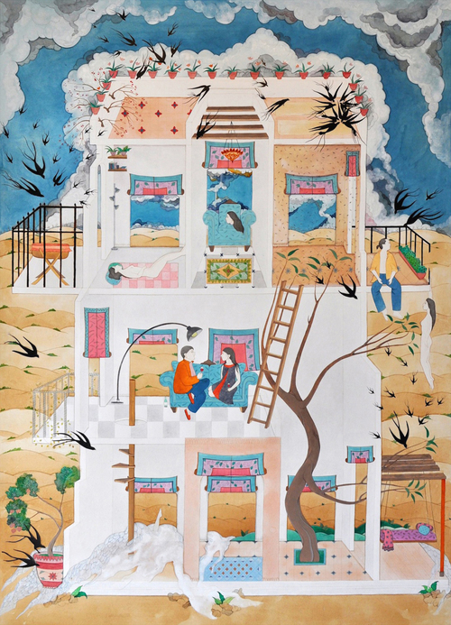 HIBA SCHAHNAZ , ‘The Sleepover’, Tea, collage, pigment, gouache and watercolour on wasli, 2012.