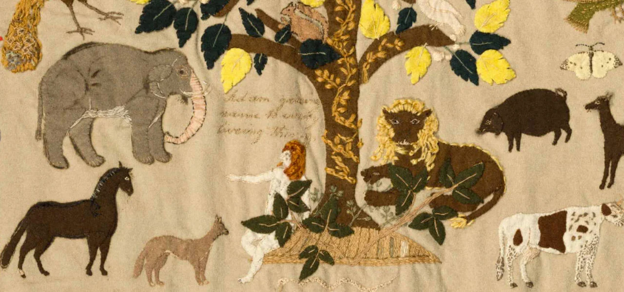 Details from the the biblical scene of Adam naming the animals in the Garden of Eden from the patchwork hanging (detail), Ann West 1820, England. Museum no. T.23-2007. ©Victoria and Albert Museum, London