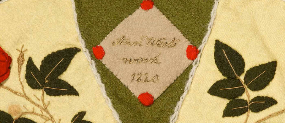 Ann West’s signature from the patchwork hanging (detail), 1820, England. Museum no. T.23-2007. ©Victoria and Albert Museum, London