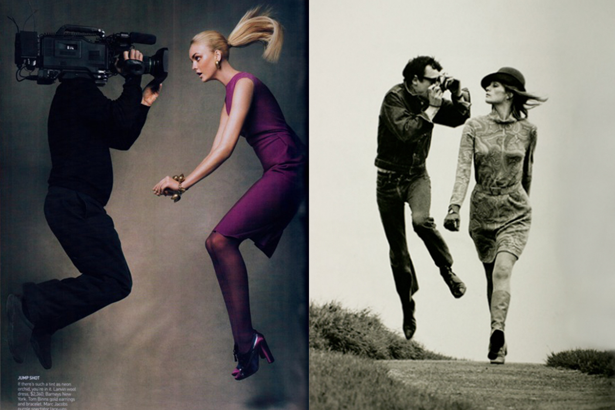 Left: CAROLINE TRENTINI for VOGUE US September 2007 in ‘Brights!, Camera!, Action!’ editorial, photographed by PATRICK DEMARCHELIER ©Condé Nast Publications Right: ©Helmut Newton Foundation