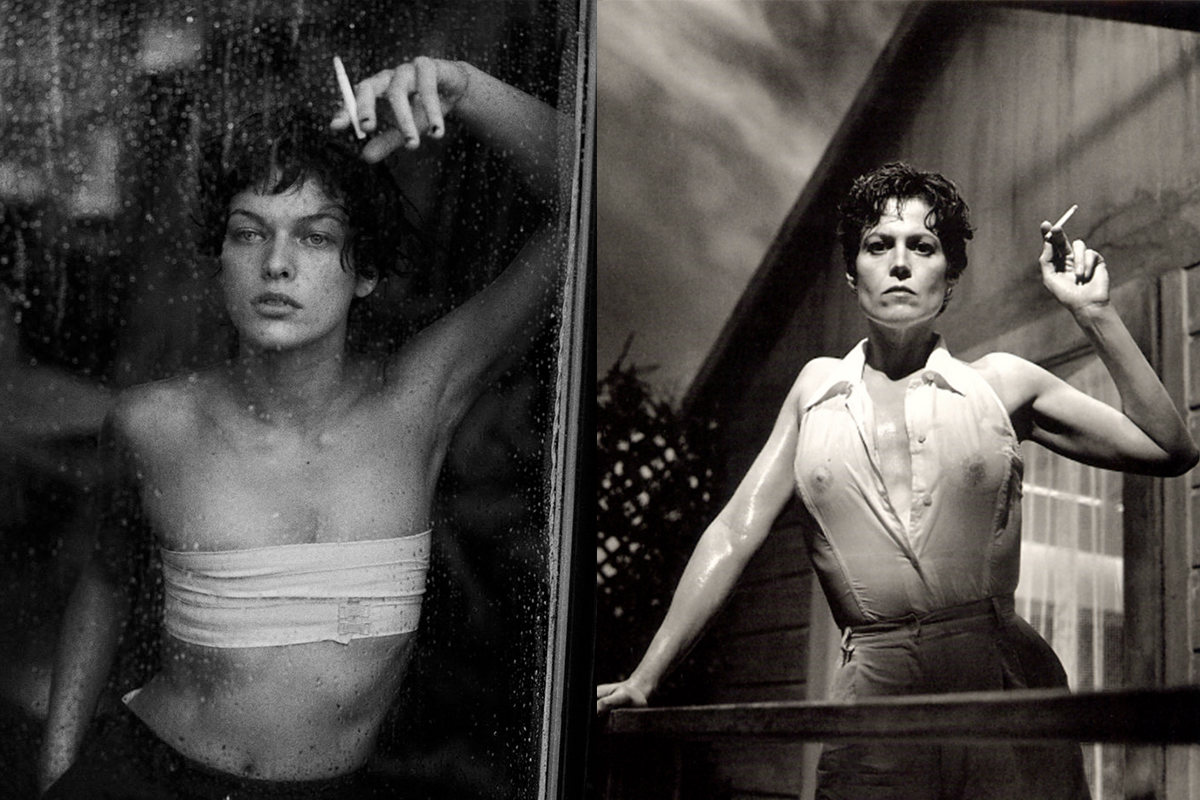 Left: MILLA JOVOVICH for VOGUE ITALIA, photographed by PETER LINDBERGH, 1996 © Peter Lindbergh Right: SIGOURNEY WEAVER photographed by HELMUT NEWTON ©Helmut Newton Foundation