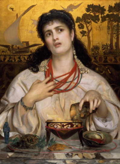 Medea by FREDERICK SANDYS, c. 1866/1868 From the collection of Birmingham Museum and Art Gallery ©Birmingham Museums Trust “In Greek mythology Medea, the beautiful sorceress and daughter of the King of Colchis, fell in love with Jason who came in search of the Golden Fleece. In return for her help to steal it, Jason married her and they had two children, Mermerus and Pheres. After the birth of their children Jason divorces her to marry the Greek princess Glauce. In the background of the painting, the boat of her husband Jason is shown sailing away. Heartbroken and enraged, Medea took revenge by killing Glauce and killing her two children in front of him. Here in the picture she is shown casting a spell to kill Glauce with a dress which burst into flames. She is also pulling off her necklace made of coral , the stone thought to protect children from evil, as hatred overcomes her maternal instinct. The two copulating toads in the front left of the picture could symbolise her husband’s infidelity. The picture caused much heated debate when it was rejected from the Royal Academy exhibition in 1968, despite being hailed as a masterpiece by many critics.” via Google Arts & Culture