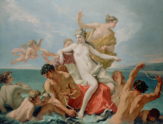 Triumph of the Marine Venus by SEBASTIANO RICCI, c. 1713. From the collection of The J. Paul Getty Museum, © The J. Paul Getty Museum “Born from the sea, the mythological goddess Venus sits upon a throne pulled by muscular men and surrounded by her entourage. Her son Cupid flies nearby and grasps a handful of coral from a plate held by an attendant. Perched above Venus, a woman holds a string of pearls, a typical adornment of the goddess. The pearls fall through her hair and down along her shoulder. The composition is arranged in a loose pyramidal shape with Venus at the apex. Sebastiano Ricci used an array of flesh tones to describe and model the playful, graceful figures, from the reddish-brown tanned skin of the athletic men to the light brownish-peach skin of the cherub blowing a conch shell in the lower right-hand corner and the even lighter flesh of the women. Venus's softly painted skin is a creamy white with touches of pink in her cheeks, chest, stomach, and knees; her flesh glows as if lit from within. Against the blue sky, streaks of pink paint describe wispy clouds and fading sunlight. With the Triumph of the Marine Venus, Ricci made a transition from a more classical Baroque style of dramatic gestures, bold colours, and serious subject matter to a more Rococo style of light, pastel colours, elegant, graceful figures, and decorative compositional elements.” via Google Arts & Culture