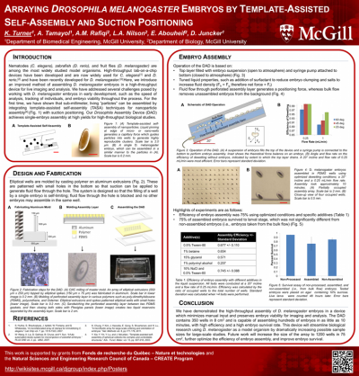 2. K. Turner, A. Tamayol, A.M. Rafiqi, L.A. Nilson, E. Abouheif, and D. Juncker, Arraying Drosophila Melanogaster Embryos By Template-Assisted Self-Assembly and Suction Positioning, MMB 2013, The 7th International Conference on Microbiotechnologies in Medicine and Biology, Marina Del Rey, California. April 10-12, 2013
