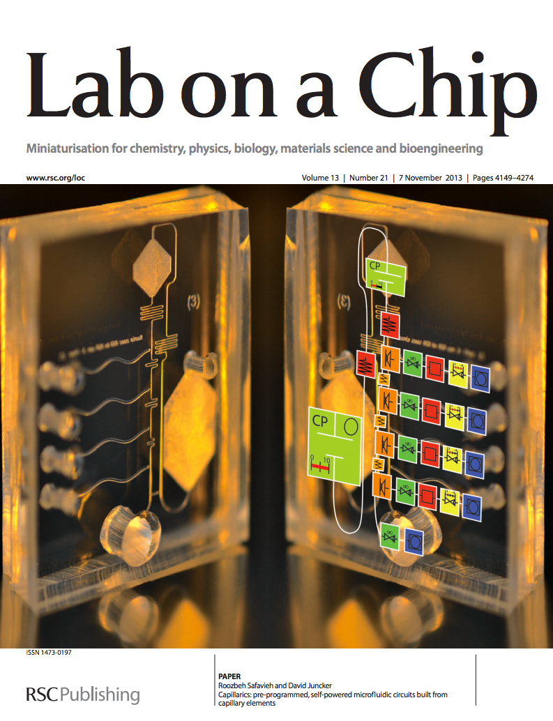  38.  Safavieh R., and Juncker D.,&nbsp;  Capillarics: Pre-Programmed, Self-Powered Circuits Built from Microfluidic Capillary Elements  ,&nbsp;Lab on a Chip,&nbsp;13, 4180-4189 (2013).    PDF      Highlighted as a Lab on a Chip "Hot Article"      Fe