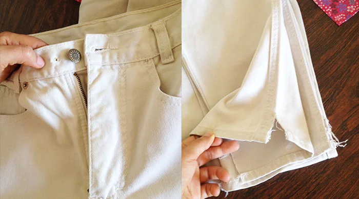 Botão que mudou de lugar pra dar uma folguinha na calça: como ia ser usada com cinto, não precisou de acabamento no furinho já que ele não ia aparecer, mas vamos fazer pra ele poder usar de outros jeitos depois. E a barra da calça que eu mesma arrumei. Oh-yeah.