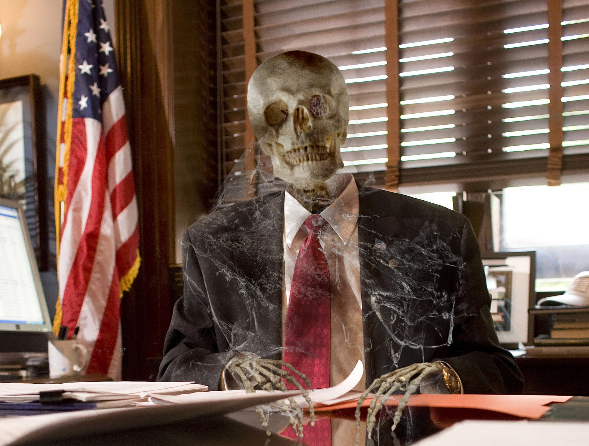 Cobweb-Covered Skeleton Gripping Senate Desk Expected To Seek 15th Term