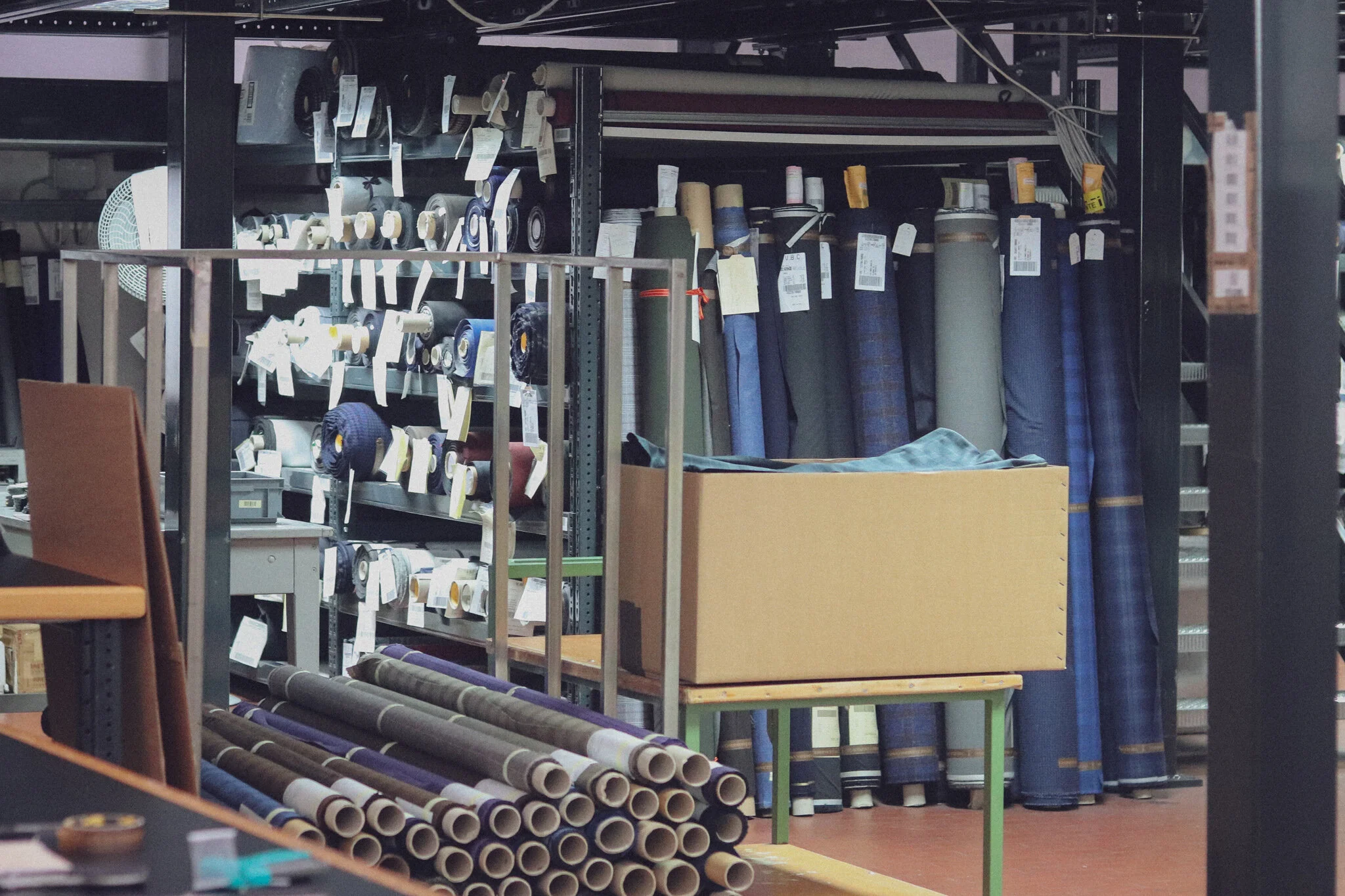 Vitale Barberis Canonico fabric stock waiting to be shipped out.