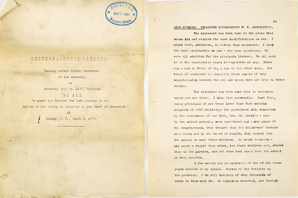 Stenographer ’ s Minutes, Hearing before the Cities Committee of The Assembly on Assembly Bill No. 1139, March 5, 1907. The Interborough Association of Women Teachers testified in support of the Equal Pay bill; the Association of Male Teachers and Principals of the City of New York testified against it. The Legislature passed the bill; Mayor George McClellan vetoed it.