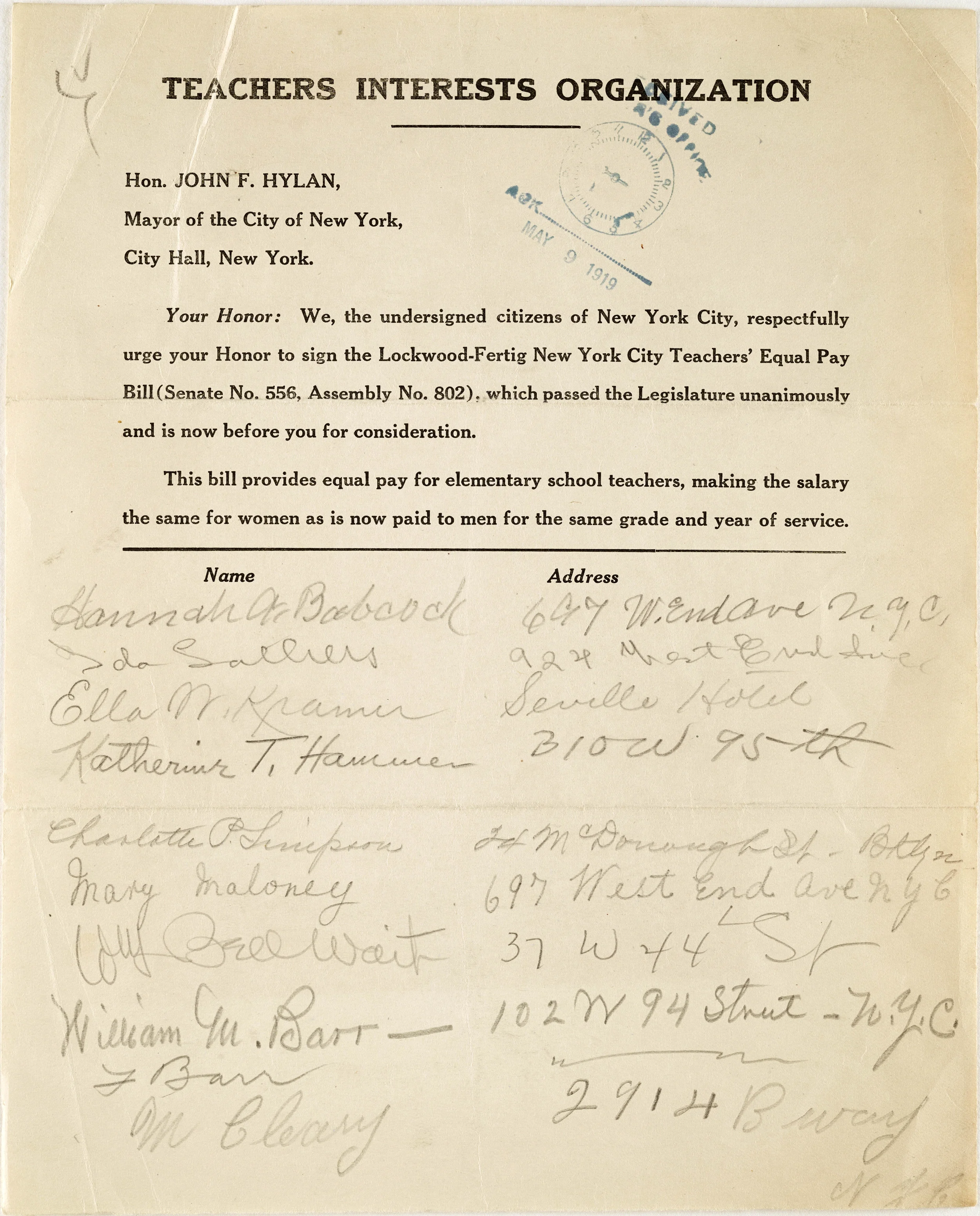 In 1919, men and women of the Teachers Interest Organization petition for equal pay.