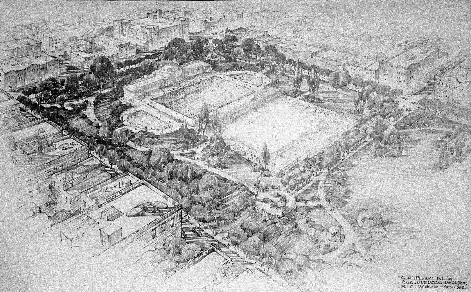 Rendering, proposed Sunset Park swimming pool. Signed C.M. Flynn, Del, '34; R.C. Murdock, Landscape designer; M.A. Magoon, Architectural designer. January 5, 1935 . NYC Municipal Archives.