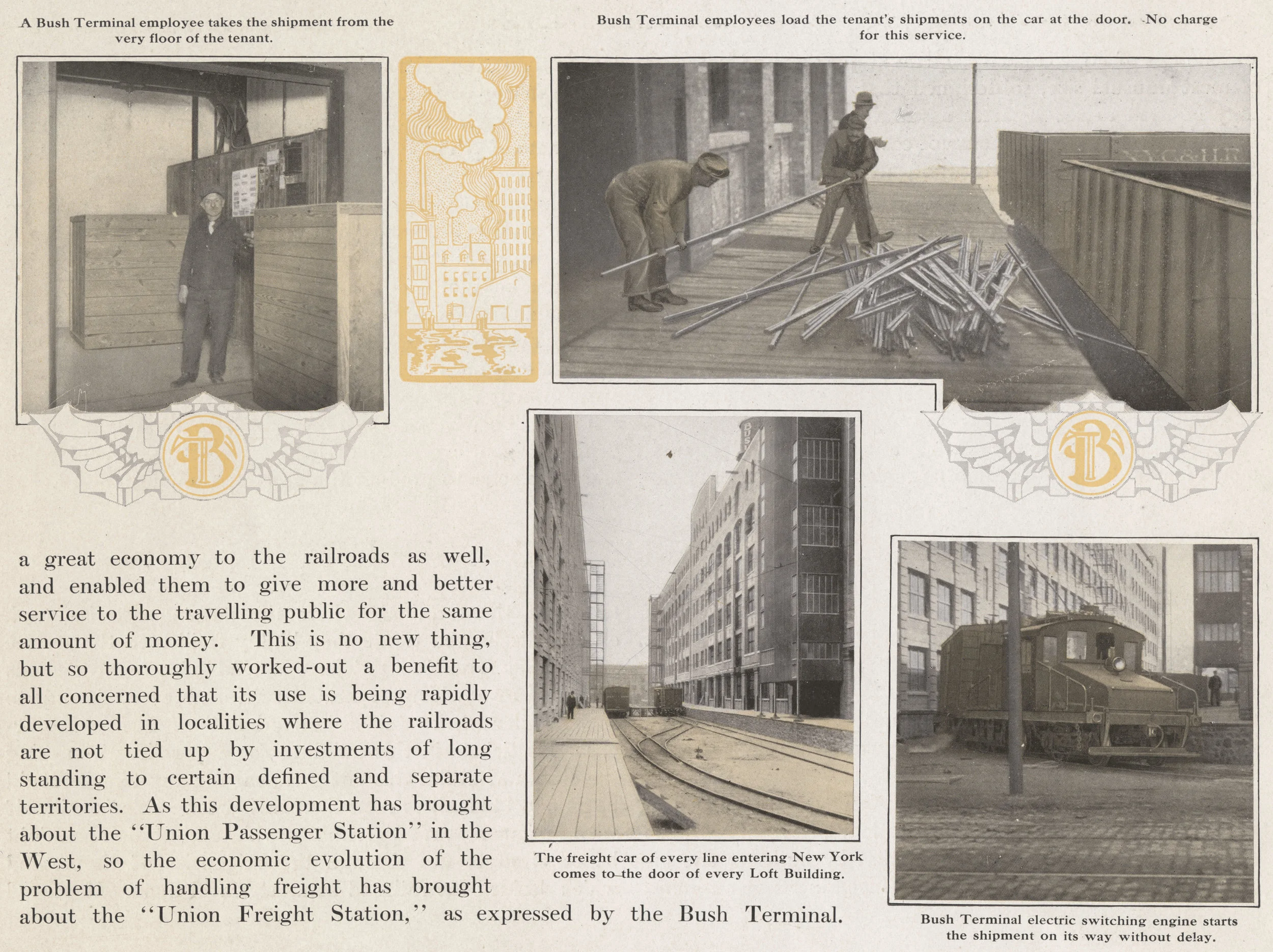 Freight loading services for loft tenants, from Economy: Making Dividends by Saving Them, Bush Terminal Company, 1910. NYC Municipal Archives.