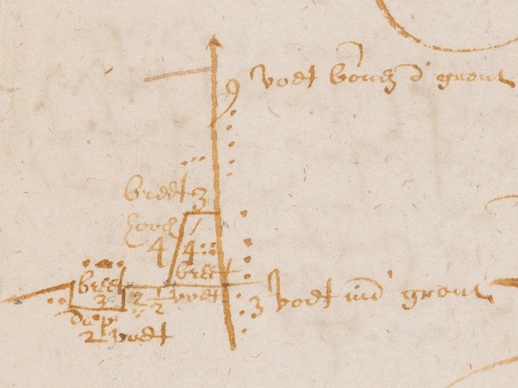 Diagrammed cross-section of proposed wall from the Court Minutes of New Amsterdam, March 17, 1653. The exterior has an embankment and a ditch, and the line projecting from the top of the wall may be a fraise , small sharp sticks to impede scaling the wall. The Dutch reads: “9 feet above ground, 3 feet in ground.” One dot = one foot.
