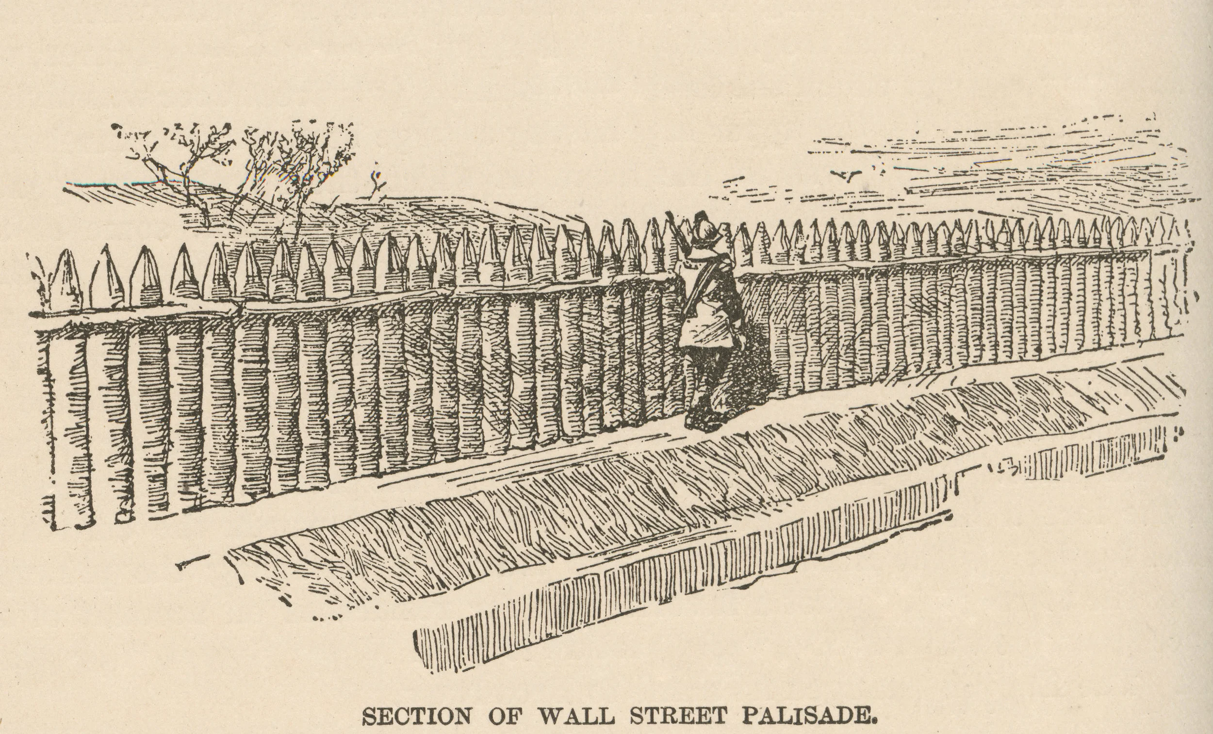 An illustration of the wall from the 1800s, about 200 years after it came down. From Our Firemen: A History of the New York Fire Departments . Augustine E. Costello, 1887