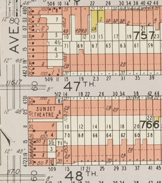 4705 5th Ave (Sunset Theatre) as shown on 1929 Hyde-Belcher insurance map. NYC Municipal Archives. 
