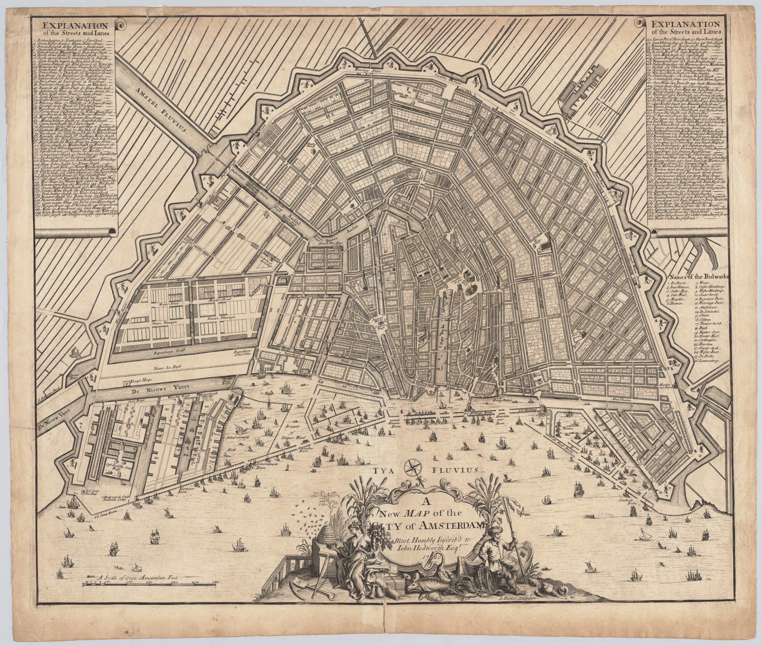 A New Map of the City of Amsterdam , 1720. Note how the bastions (bolwerks to the Dutch) of the outer wall resemble those of New Amsterdam. Map courtesy the Stadsarchief Amsterdam .