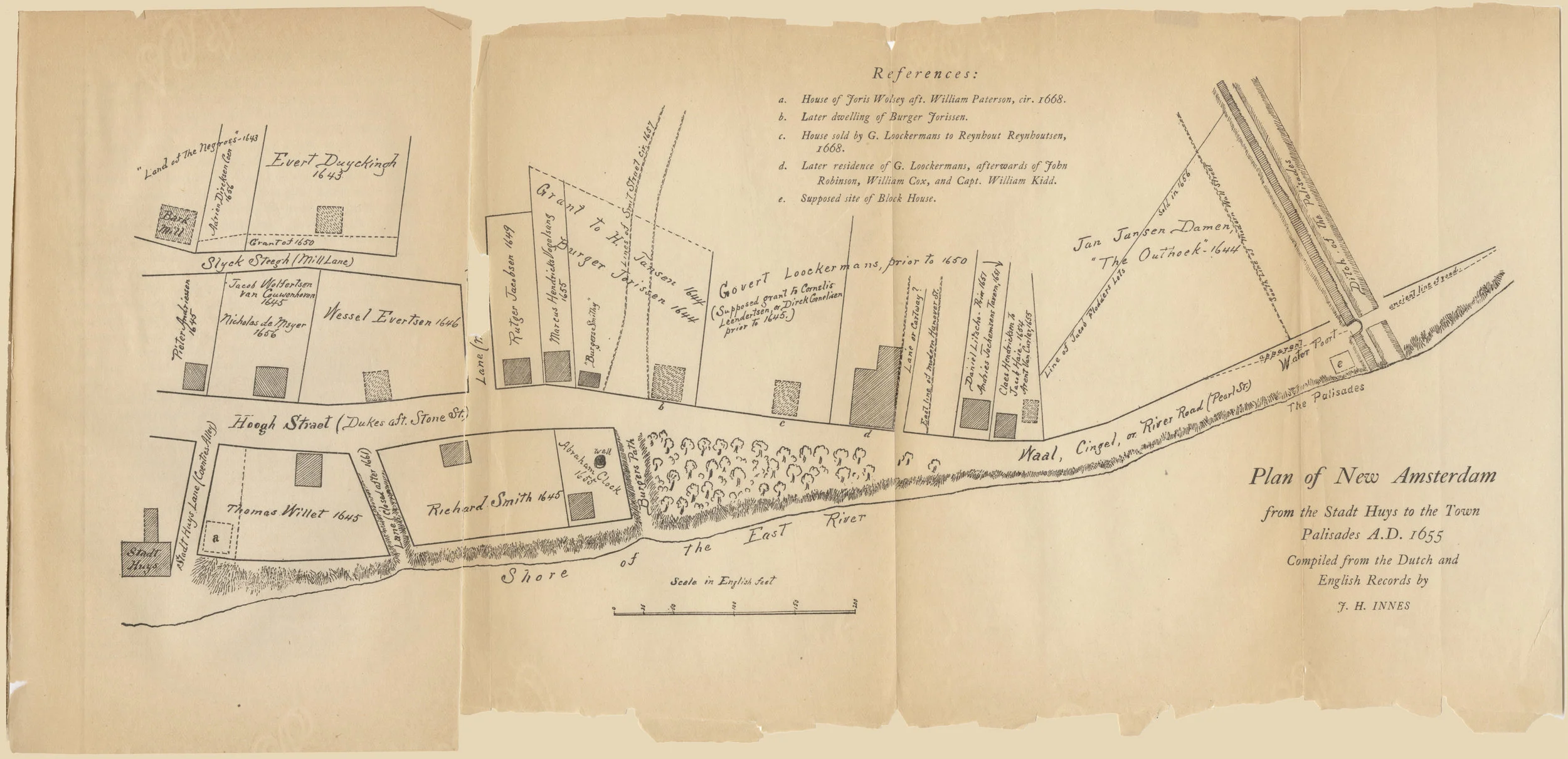 J.H. Innes' 1902 map of the East River shore in 1655 correctly placed the waal along the waterfront (a year before it was constructed), but makes it an extension of Hoogh Street and calls it the Cingel as well. Note the size of the ditch or dry canal north of the palisades. Innes, New Amsterdam and its People .