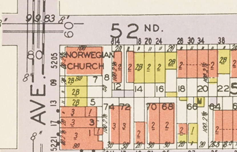 Detail, 5201 8th Ave. (at 52nd St.), Brooklyn, from Hyde-Belcher insurance map, 1929. NYC Municipal Archives.