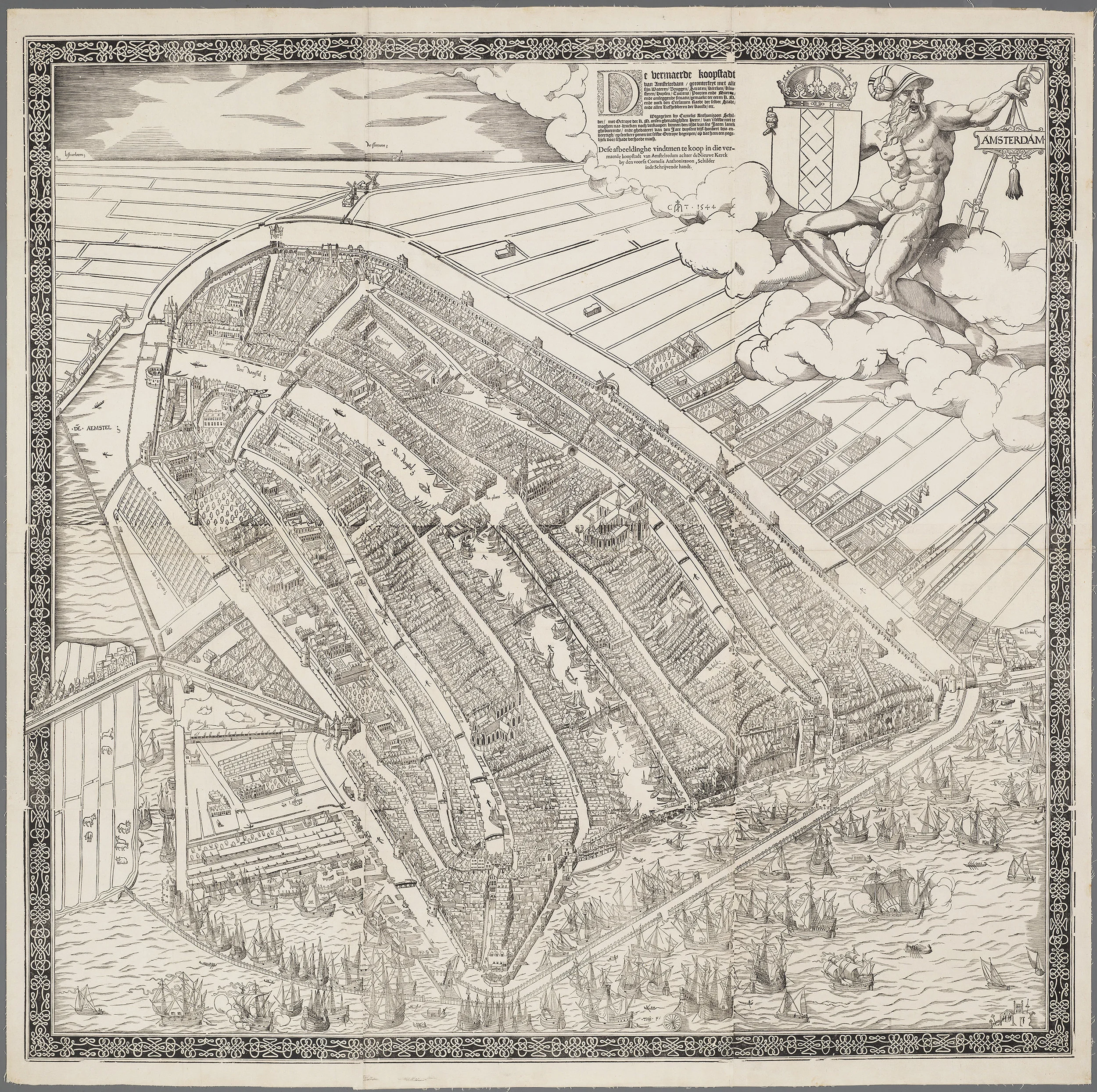 Amsterdam in 1544, the model for New Amsterdam. Note the Cingel (see last post) the canal and wall that were the original defenses of Amsterdam. Map courtesy the Stadsarchief Amsterdam . Engraved and published by Cornelis Anthonisz. 