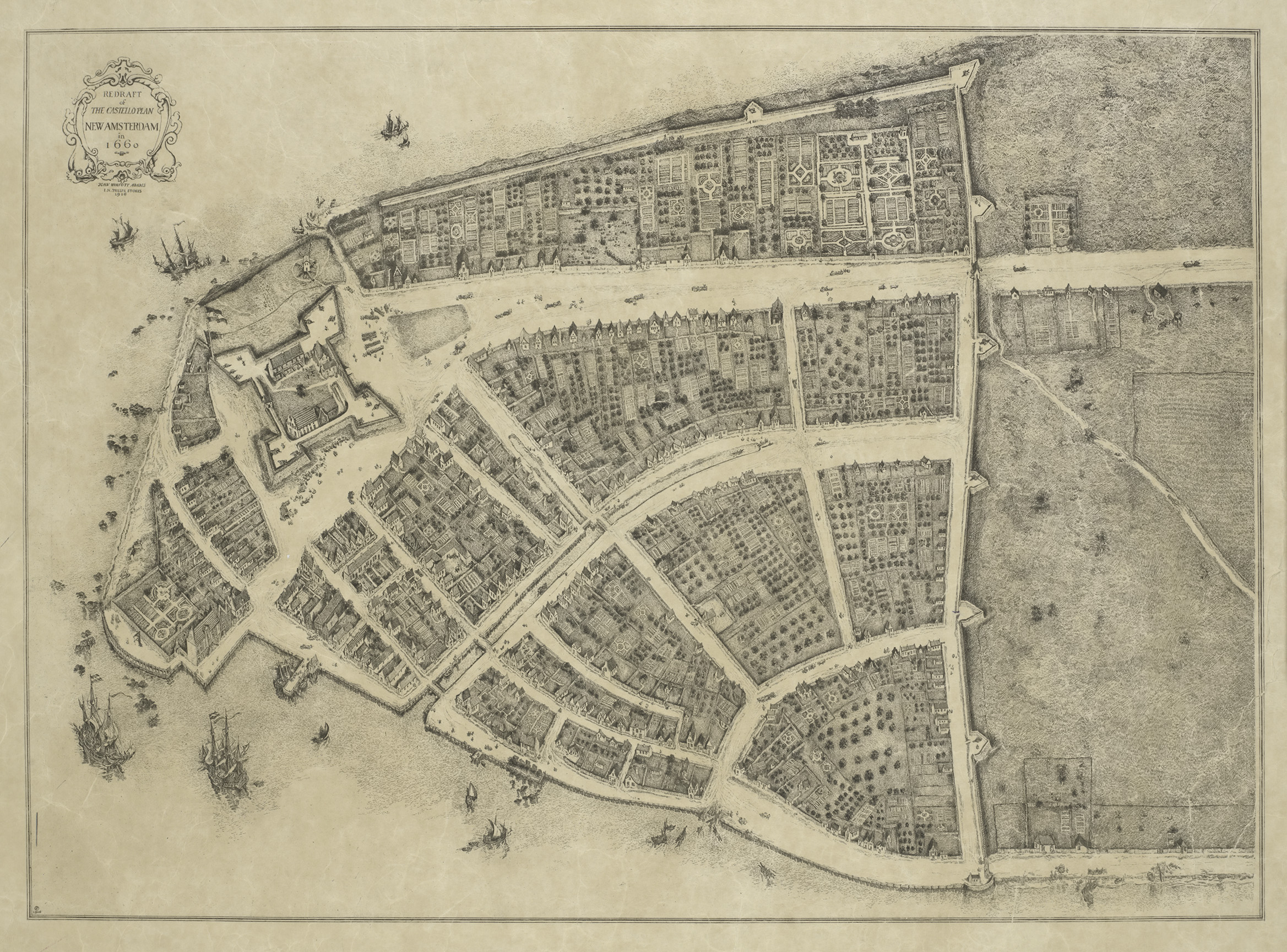 Redraft of the Castello Plan, New Amsterdam in 1660 . James Wolcott Adams, 1916. I.N. Phelps Stokes, The Iconography of Manhattan Island, 1498-1909.