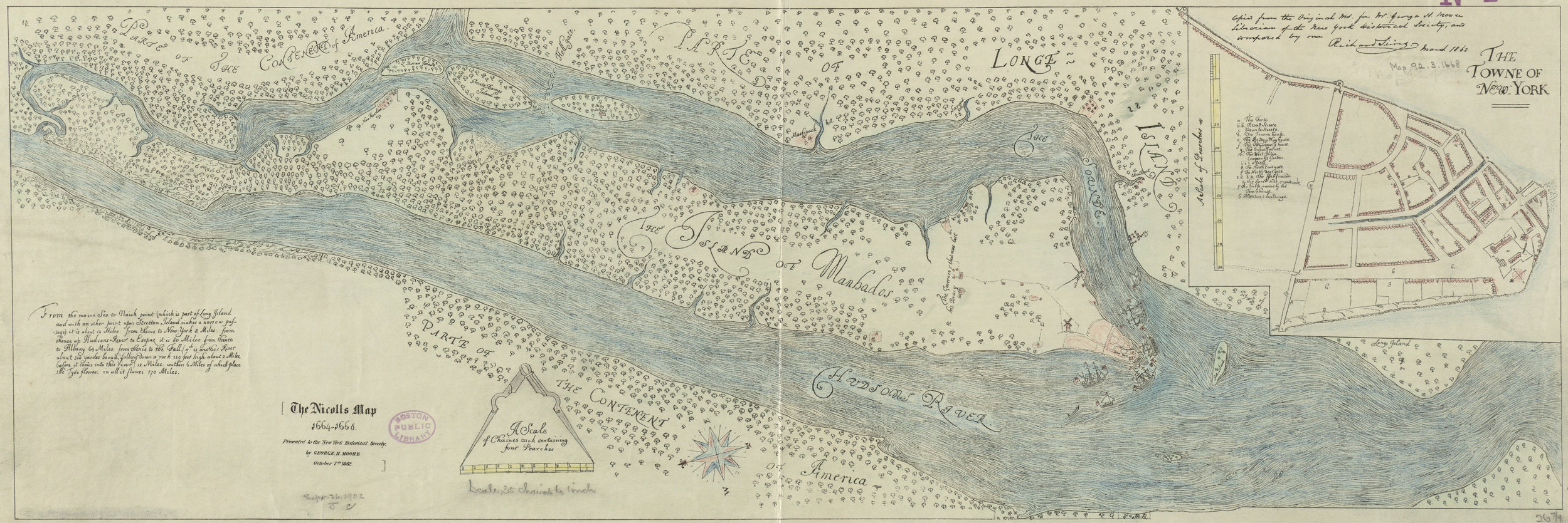 Named for the English admiral who took New Amsterdam, The Nicolls Map (ca. 1664-1668), is the first English survey of their new territory. It is often regarded as a crude map, but the English were not ones to disregard fortifications, and the map clearly shows only two small bastions left along the wall and no western wall. The original is in the British Library. This hand-colored reprint was made from a copy by George Henry Moore and Richard Sims in 1862, for the New York Historical Society. Courtesy Boston Public Library .