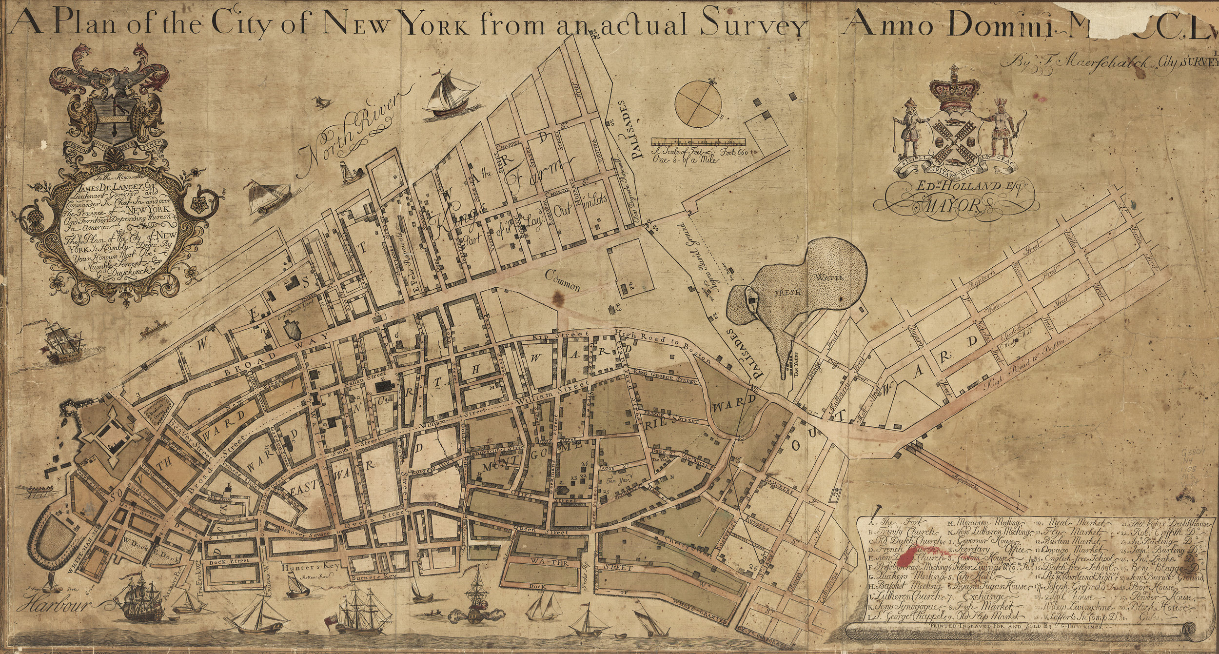 The Maerschalck Plan of 1754 shows the position of the new City Hall, along the old line of the wall, at the intersection of Broad Street (once the canal) and Wall Street. At the northern end of the city, roughly along what is now Chambers Street, is a new palisade wall. It was built to protect the English from the French in 1745, and lasted until 1763. Map courtesy The Library of Congress .
