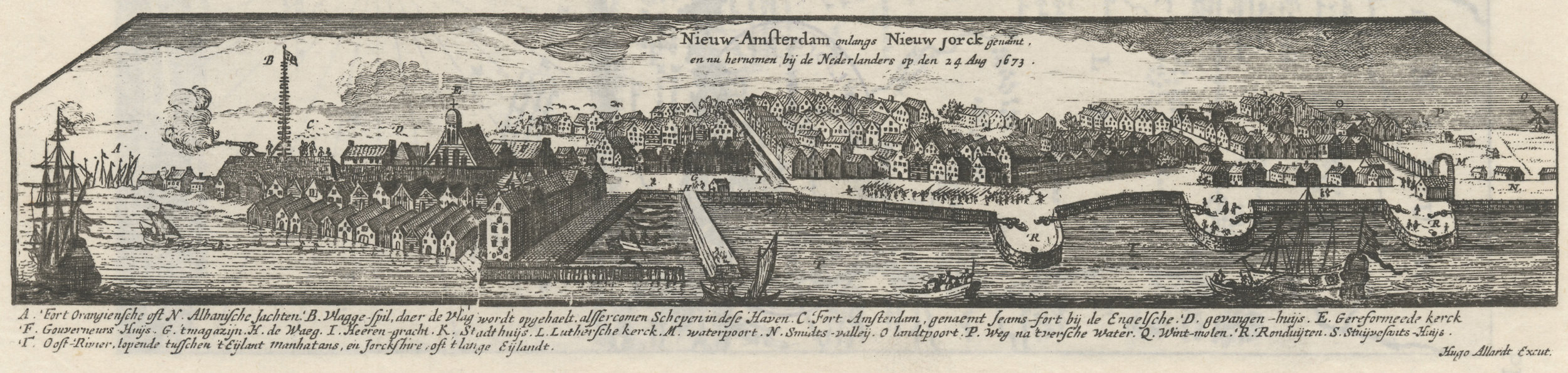 Copied from the Allard Map, a 1673 French survey of the New Netherlands, this illustration shows the Dutch recapturing New York. Stokes, The Iconography of Manhattan Island , vol. I, pl. 8. NYC Municipal Library.