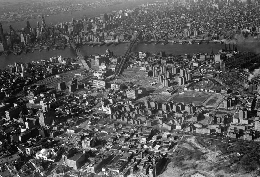 Aerial view of Brooklyn and Lower Manhattan, 1956. Fort Greene Park is seen in lower right corner. Department of Parks & Recreation collection, NYC Municipal Archives.