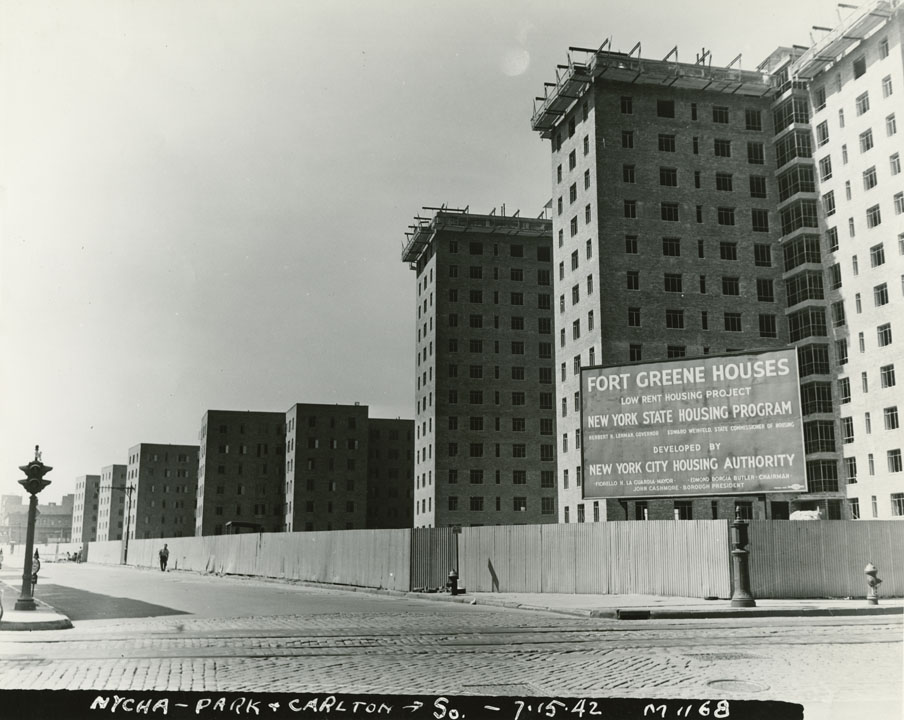 Fort Greene public housing under construction, Park Ave. and Carlton Ave., 1942. Mayor Fiorello H. LaGuardia collection, NYC Municipal Archives.