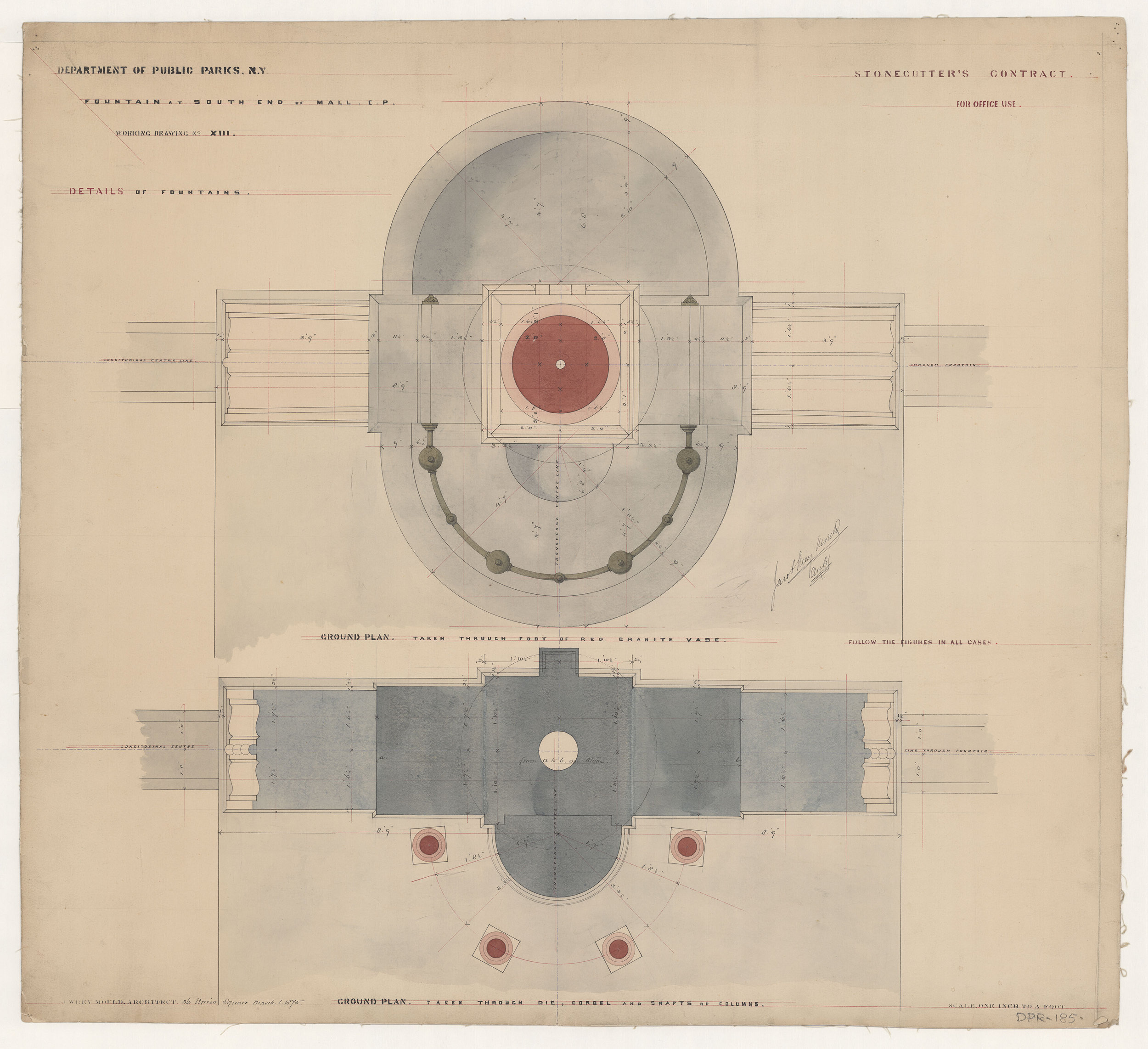 Jacob Wrey Mould, Central Park drawing, 1875. Fountains for Bethesda Terrace and Mall. Details of Fountains. Stonecutter's Contract. Ground plans of vase, die, corbel and shafts of columns. Department of Parks and Recreation collection, New York City Municipal Archives.