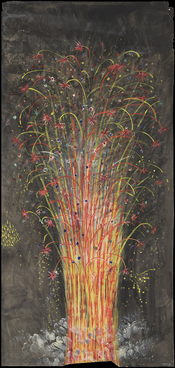 Fireworks off the Bridge, 1883. Artist unknown; drawn for the Unexcelled Fireworks Company. New York City Municipal Archives.