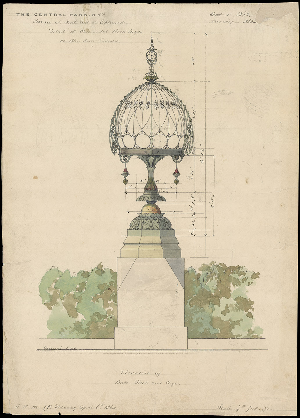 Jacob Wrey Mould, Central Park drawing, 1864. Bethesda Terrace and Mall, Detail of Ornamental Bird Cage on Blue Stone Pedestal. Department of Parks and Recreation collection, New York City Municipal Archives.
