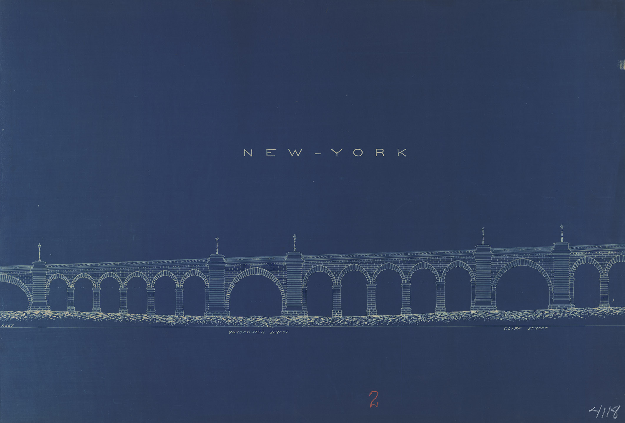 Brooklyn Bridge Façade, New York side, looking north, 1 of 2, 1867-1883. New York City Municipal Archives.