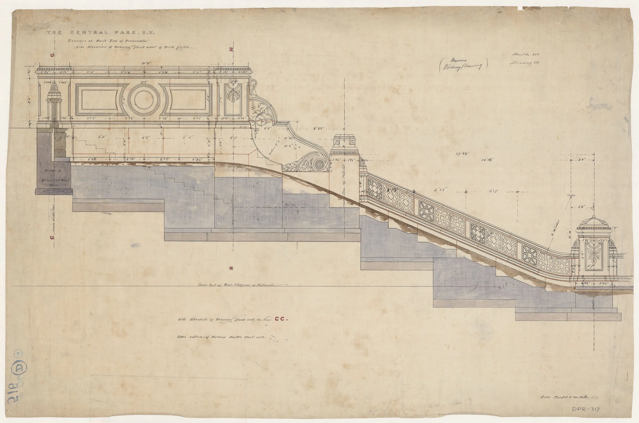 Central Park drawing, 1859-1863. Bethesda Terrace and Mall, Side Elevation of Retaining Flank Walls of North Flights. Mason's Working Drawing. Department of Parks and Recreation collection, New York City Municipal Archives.