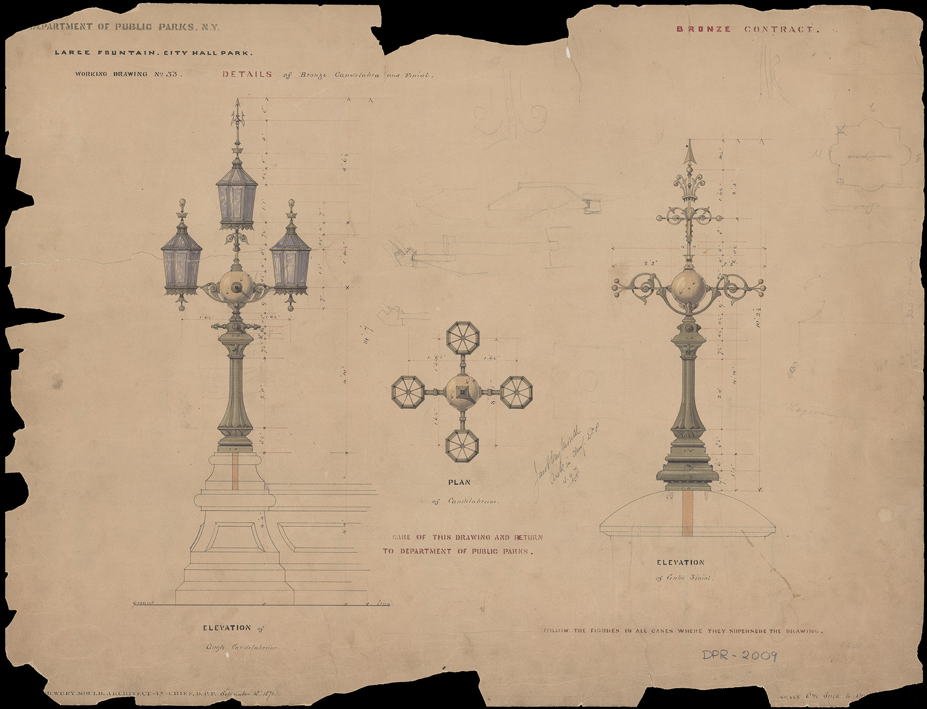 City Hall Park, 1871. Large fountain and details of bronze candelabra. Department of Parks and Recreation collection, New York City Municipal Archives.