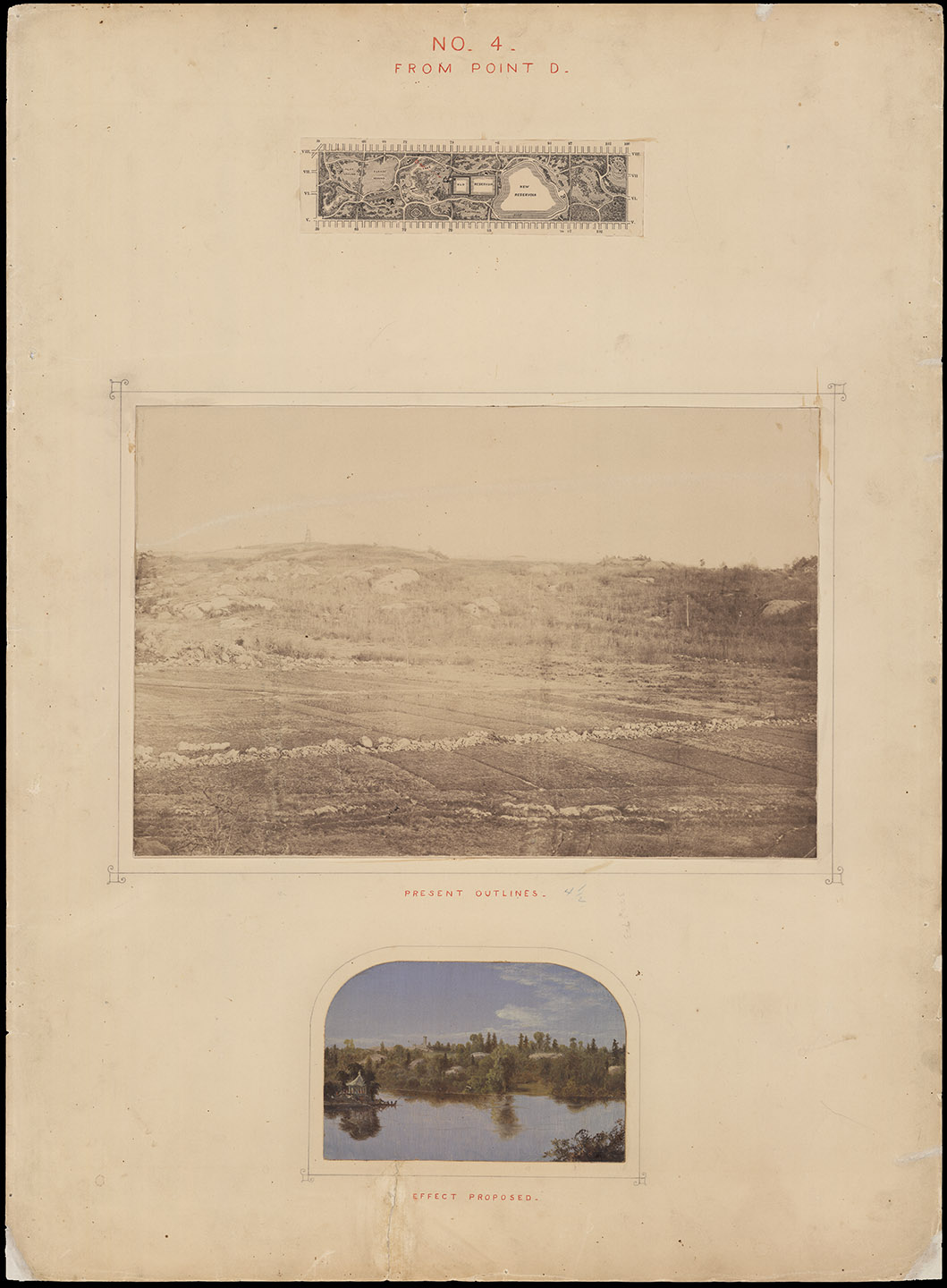 Frederick Law Olmstead and Calvert Vaux, Greensward Plan for Central Park, 1858. Presentation board no. 4 from point D. Department of Parks and Recreation collection, New York City Municipal Archives.