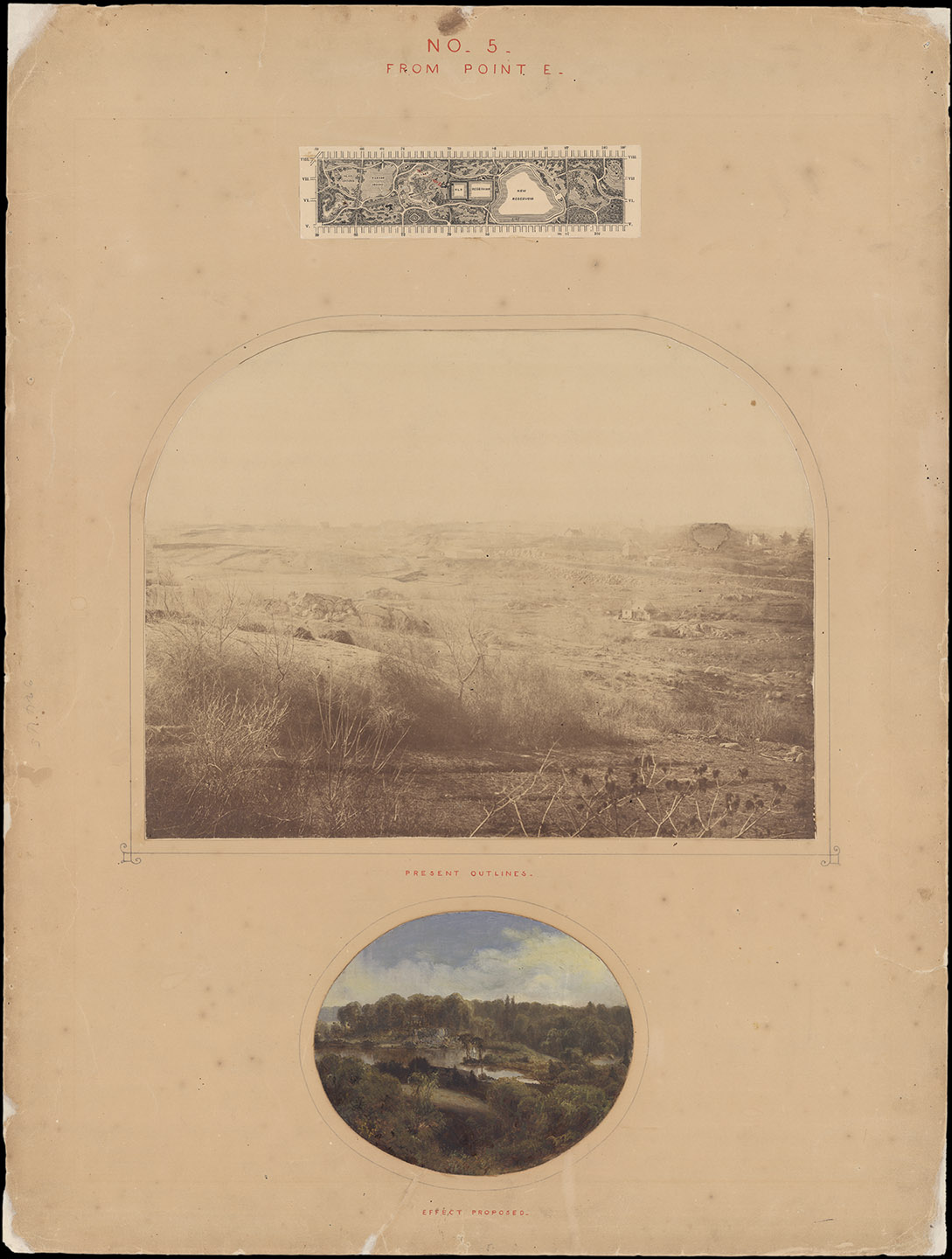 Frederick Law Olmstead and Calvert Vaux, Greensward Plan for Central Park, 1858. Presentation board no. 5 from point E. Department of Parks and Recreation collection, New York City Municipal Archives.