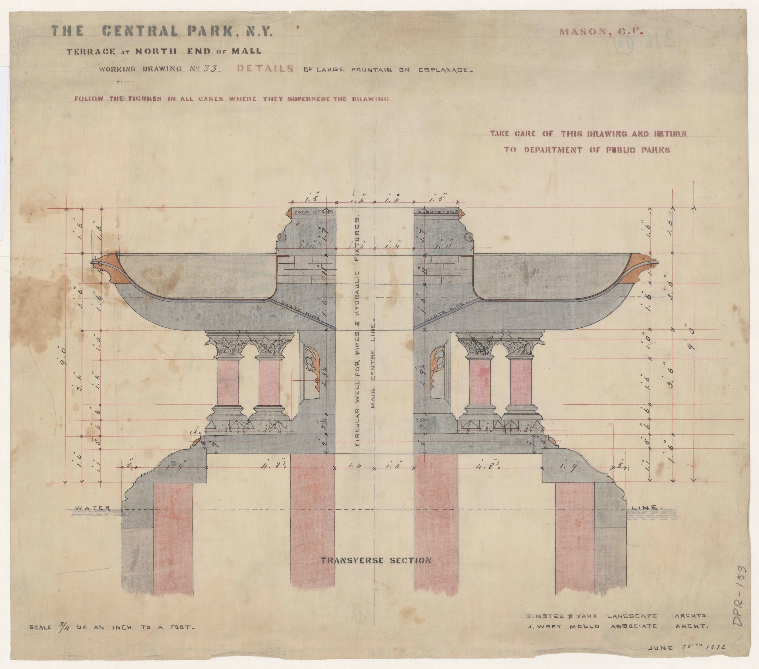 Jacob Wrey Mould, Central Park drawing, 1872. Fountains for Bethesda Terrace and Mall: Terrace at North End of Mall: Details of Large Fountain on Esplanade: Mason. Department of Parks and Recreation collection, New York City Municipal Archives.