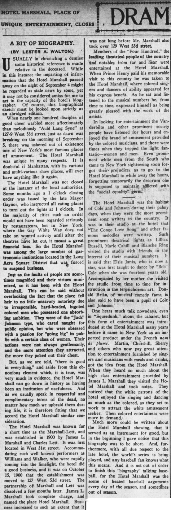 Article : "Hotel Marshall, Place of Entertainment, Closes" in The New York Age , October 9, 1913. (Click to enlarge.)