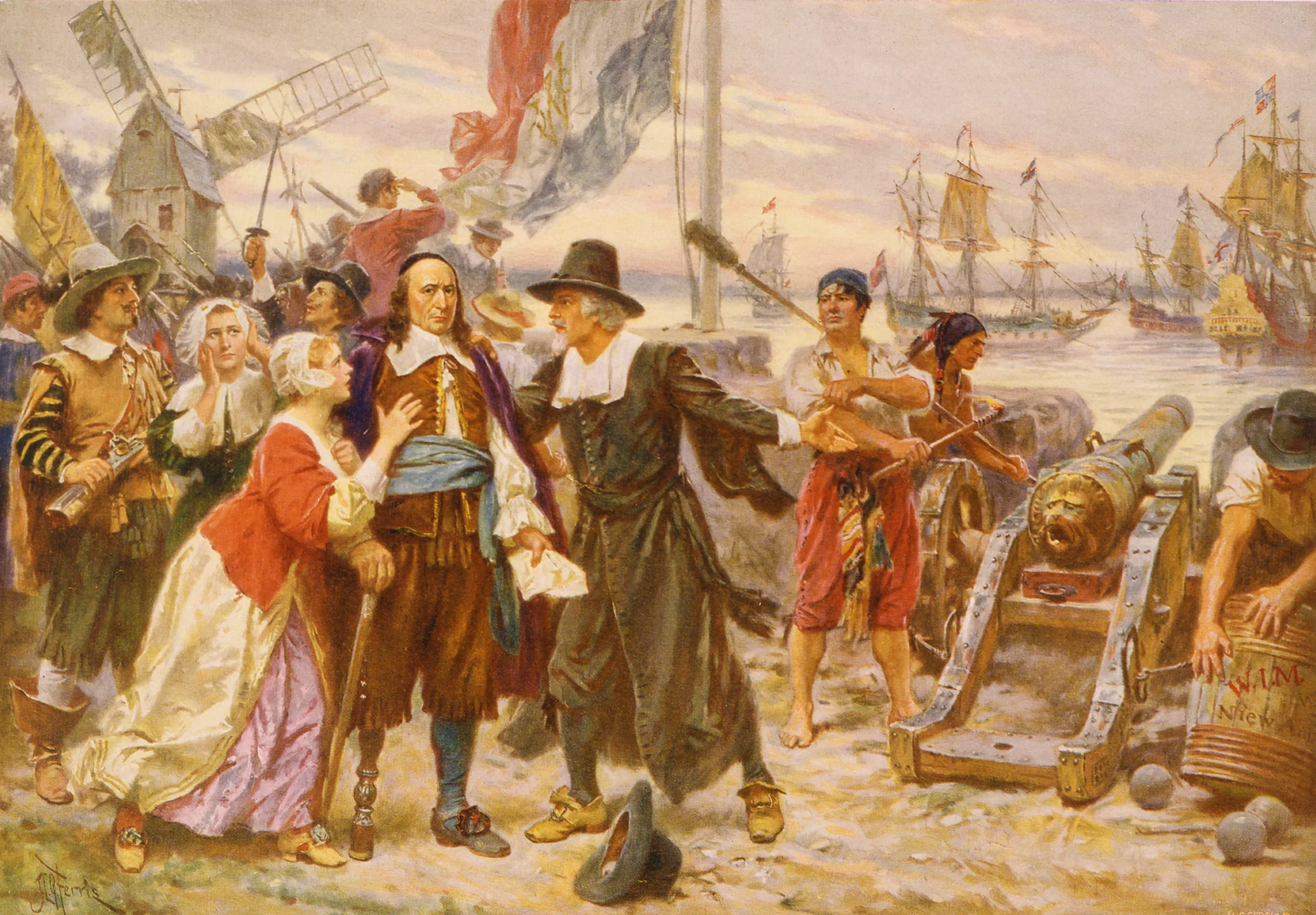 The fall of New Amsterdam , Jean Leon Gerome Ferris. This painting was part of a widely reproduced, and wildly inaccurate, series of 78 images done in the early 1900s. Its vision of Peter Stuyvesant, standing among residents of New Amsterdam who are begging him not to fire on the English warships, has entered the popular imagination, but there is little in the historical record to suggest that Stuyvesant was ready to go down fighting. From a print in the Library of Congress, The Foundation Press, Inc., c1932.