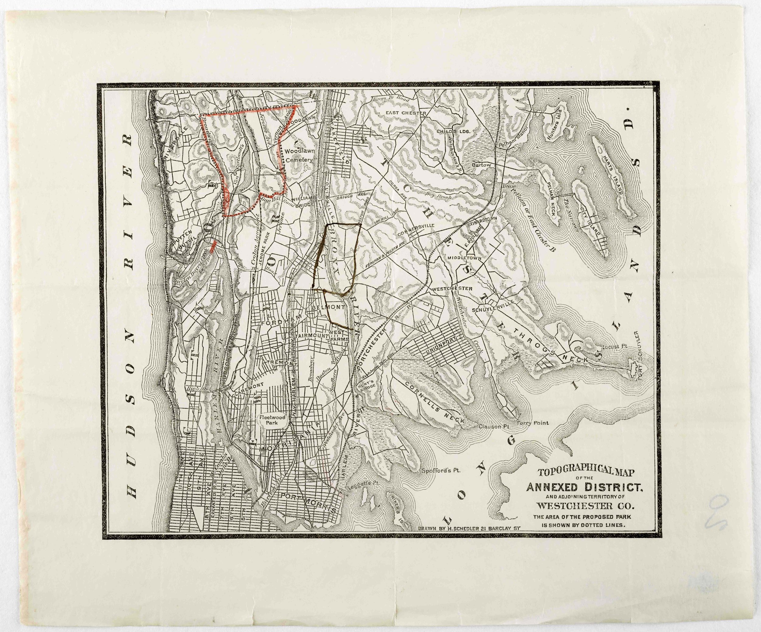 The areas outlined on these maps would eventually be acquired by the city in 1884.