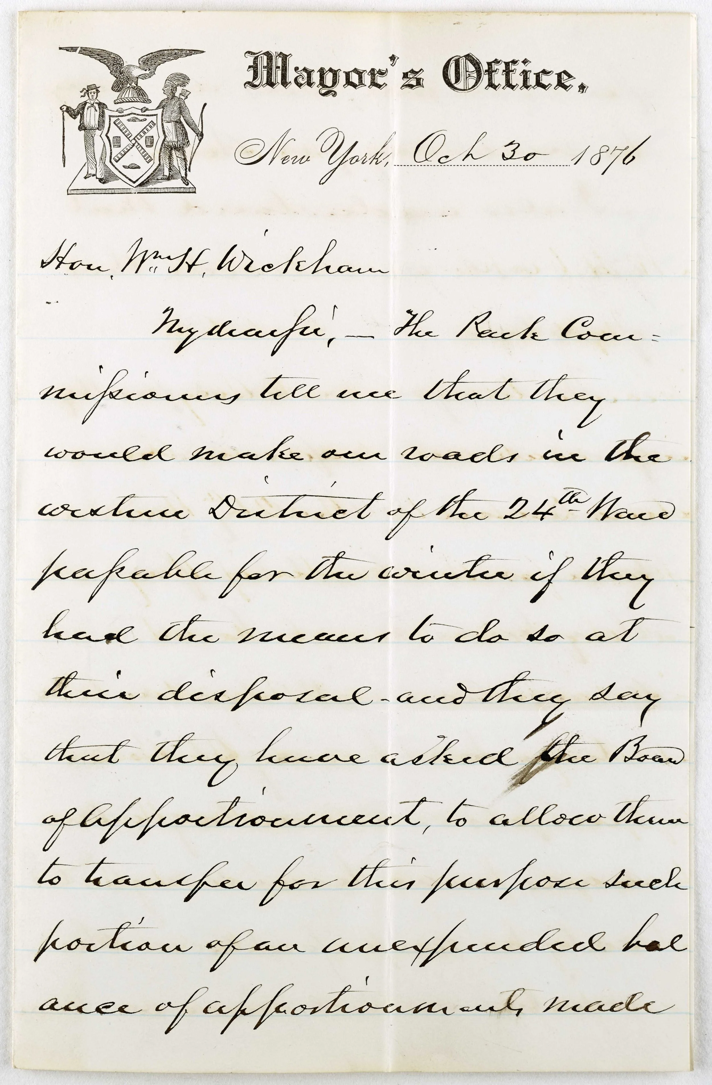 1876 letter from Hiram Barney to Mayor Wickham about making roads in the 24th Ward passable during winter. At this time, the area was under the political jurisdiction of the Department of Public Parks. Mayor William H. Wickham Subject Files.
