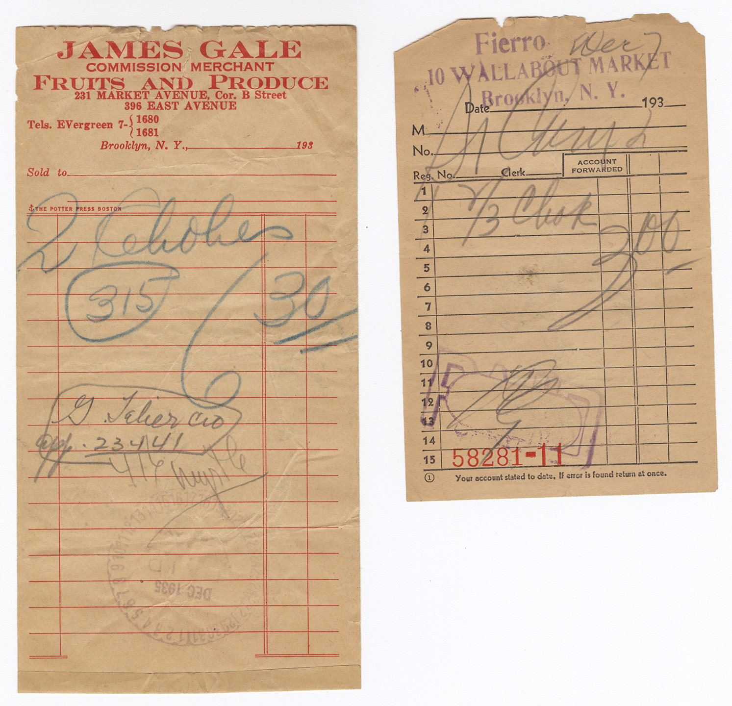 Artichoke receipts from James Gale and Wallabout Markets in Brooklyn, 1935. Mayor LaGuardia Papers, NYC Municipal Archives.