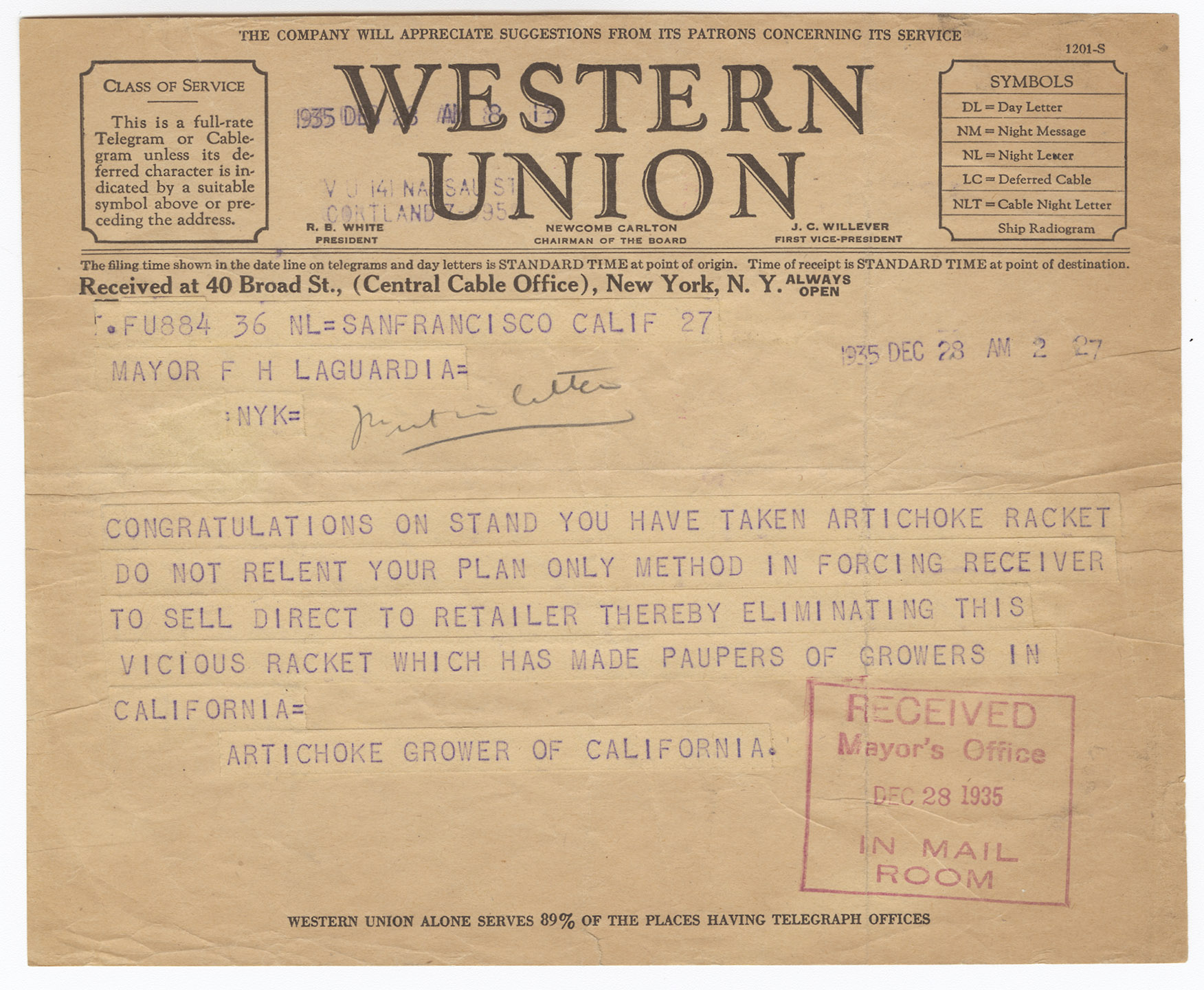 Telegram from the Artichoke Growers of California, 1935. Report from the New York City Department of Markets, Weights and Measures on the "artichoke situation," January 1937. Mayor LaGuardia Papers, NYC Municipal Archives.