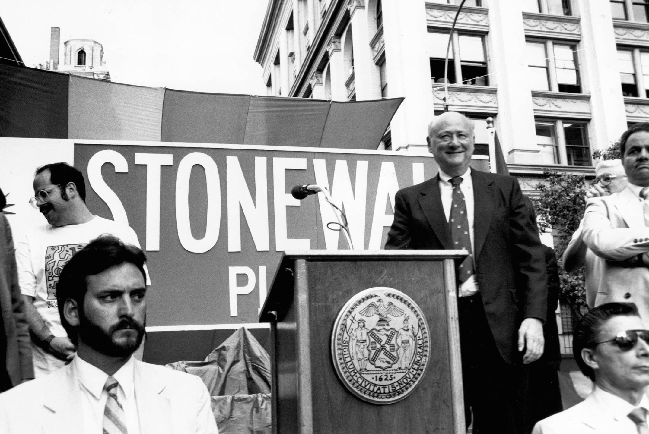 Naming of Stonewall Place, June 1, 1989. Photograph by Joan Vitale Strong, Mayor Edward I. Koch Collection, NYC Municipal Archives.