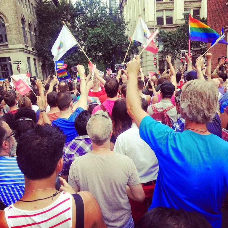 Celebration of the passage of the Federal Gay Marriage Act, United States v. Windsor, outside the Stonewall Inn, June 2013. Photograph by Nathalie Belkin.