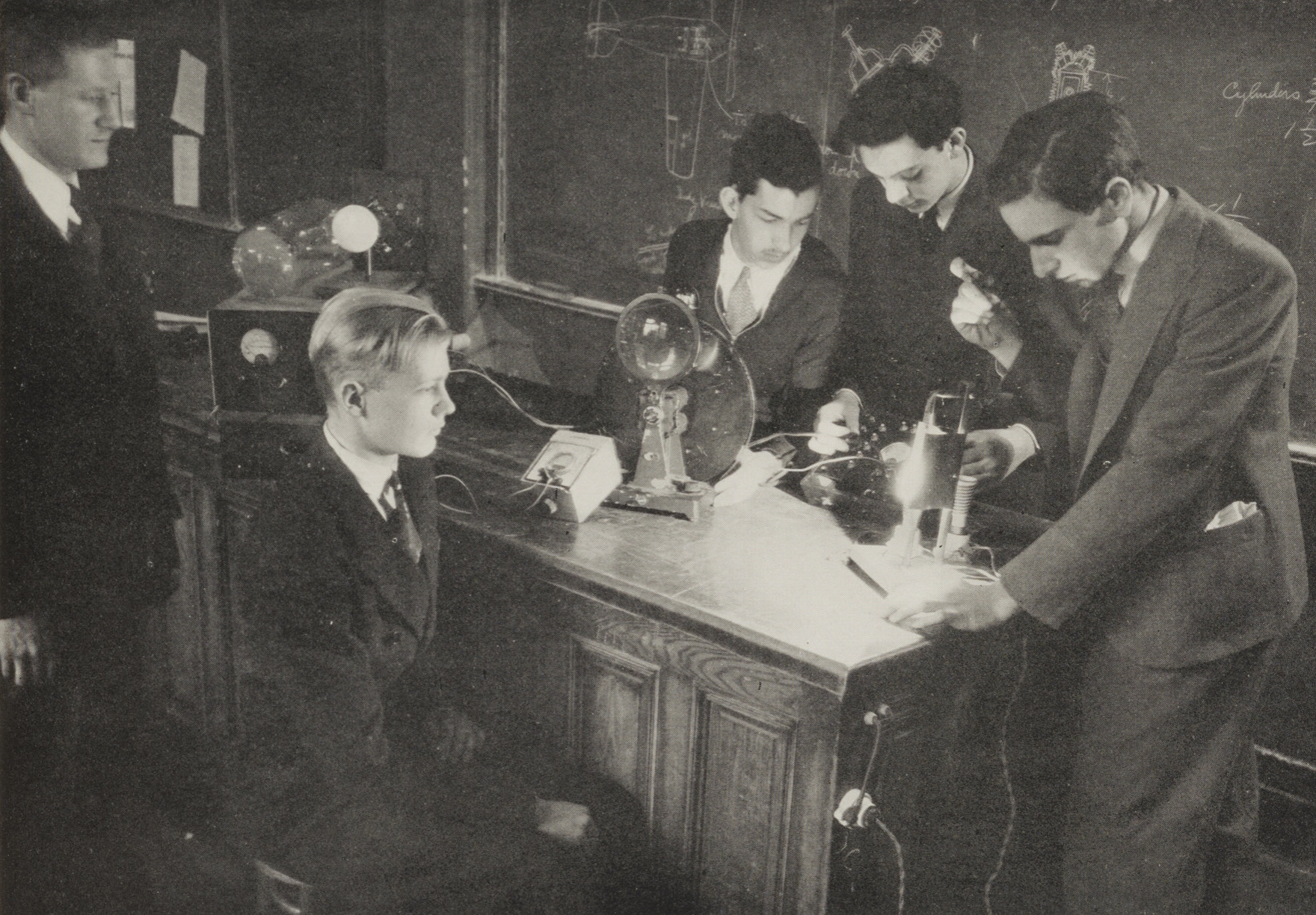 Television, a laboratory project. The image of the student in the foreground is being transmitted by television.
