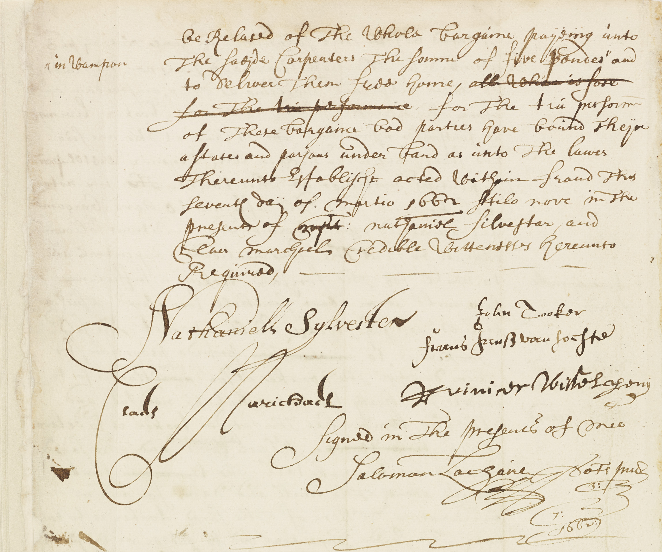 The Notary Public of New Amsterdam kept records in both Dutch and English. Though written in English, the handwriting of this entry is clearly Dutch, with compact, rounded letters. The document is signed by several citizens of the town. NYC Municipal Archives.